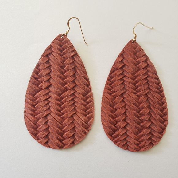 Nickel and Suede Large Teardrop Leather Earrings Rust Knit - Picture 3 of 8